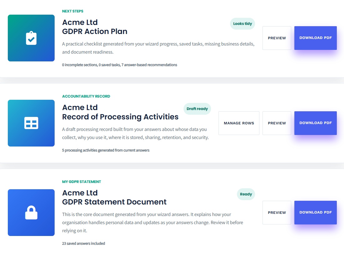 GDPR wizard questions